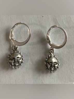925 sterling Silver Sun Face Hoop Dangle Earrings